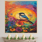 Chickadee Among Bright Wildflowers with Radiant Rainbow Sunburst Background on Ready to Hang 1.5" Thick Canvas Wrap, Floating Framed Canvas, Flat Rolled Canvas